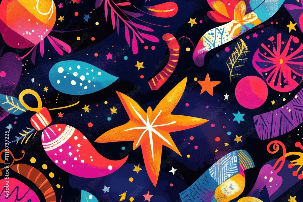 Naklejka premium A vibrant holiday-themed illustration featuring colorful ornaments and festive elements.