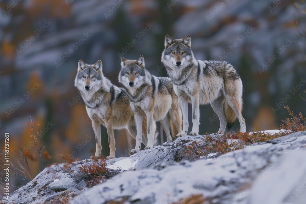 Naklejka premium Three Eastern timber wolves on rocky slope in wilderness.