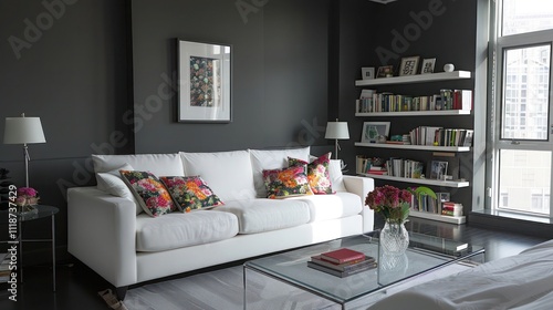 Minimalist modern bedroom with charcoal grey walls, white sofa, floral throw pillows, sleek glass coffee table, and minimalist bookshelf in urban loft