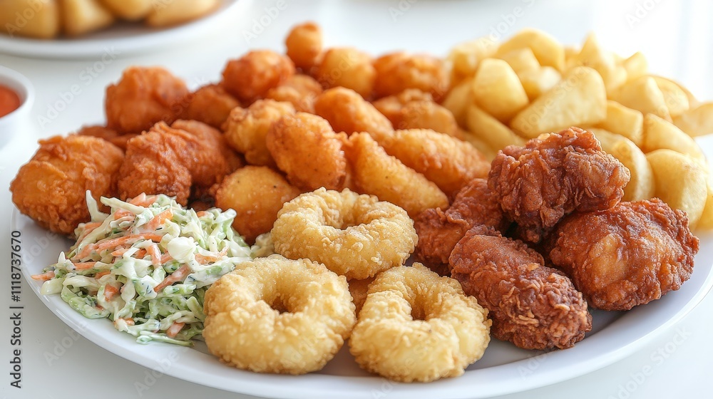 A platter of fried foods including chicken, doughnuts, fries, and coleslaw. A platter of fried foods including chicken, doughnuts, fries, and coleslaw.