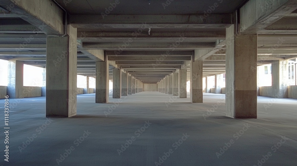Parking garage viewed from a dramatically low angle, emphasizing the height and scale of the structure Parking garage viewed from a dramatically low angle, emphasizing the height and scale of the structure