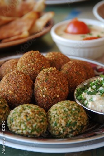 Delicious falafel with hummus and fresh herbs ready for middle eastern feast