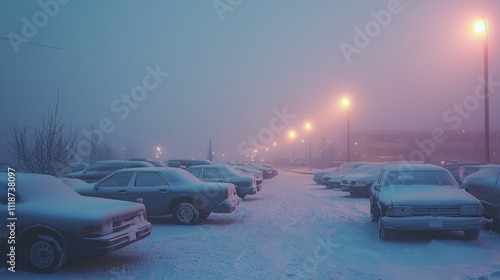 Parking lot covered in snow, cars covered in snow, winter wonderland, serene atmosphere, soft light photo