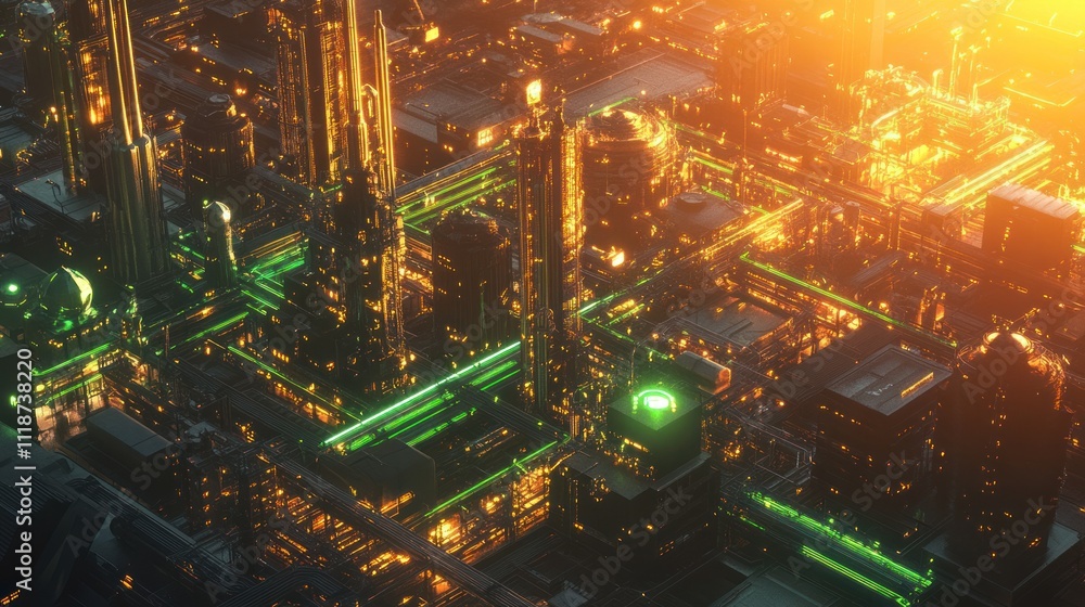 Obraz premium Futuristic city at sunset, glowing pipes and structures.