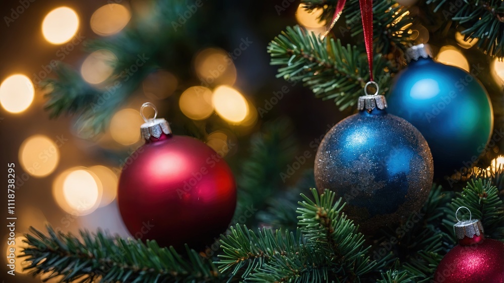 Decoraciones festivas en un árbol de Navidad, con bolas rojos y azules y luces cálidas en segundo plano Decoraciones festivas en un árbol de Navidad, con bolas rojos y azules y luces cálidas en segundo plano