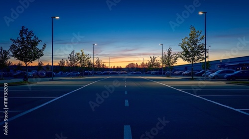 Parking lot during twilight, showing a transition between day and night