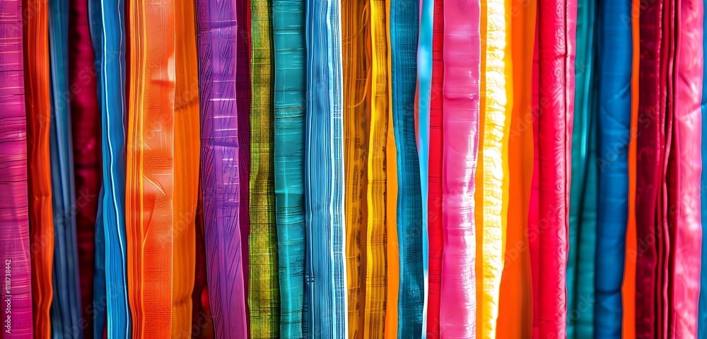 Bundles of vibrant vertical stripes hanging against an abstract backdrop, adding depth to any space Bundles of vibrant vertical stripes hanging against an abstract backdrop, adding depth to any space