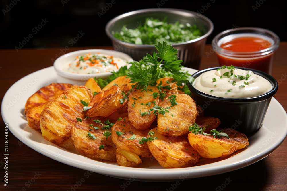 fried potatoes with sauce on a plate, fried potatoes with sauce on a plate,