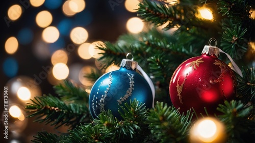 Árbol de Navidad decorado con adornos rojos y azules, capturando el espíritu festivo con luces cálidas en el fondo