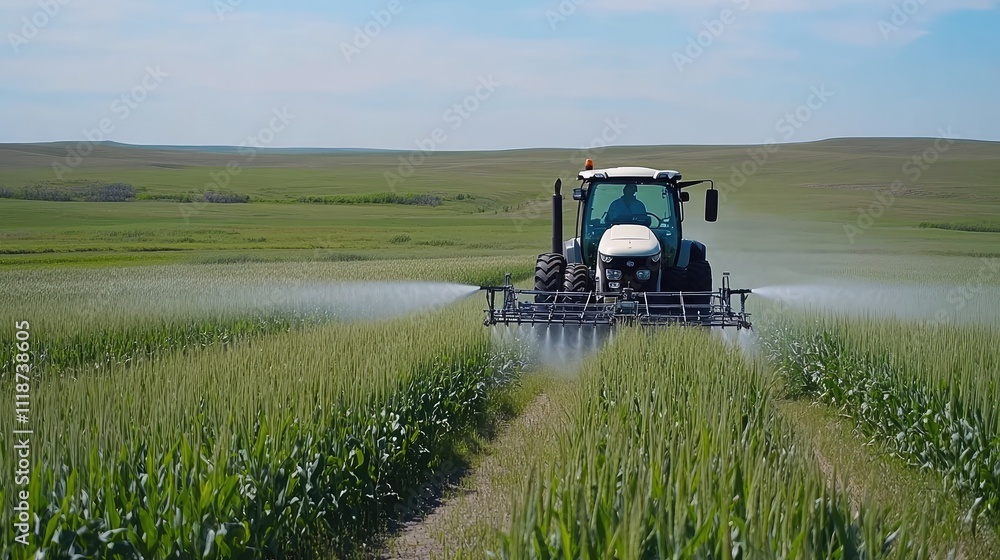 Fototapeta premium A tractor equipped with a sprayer arm is actively spraying agricultural chemicals on a vibrant green field during the spring season