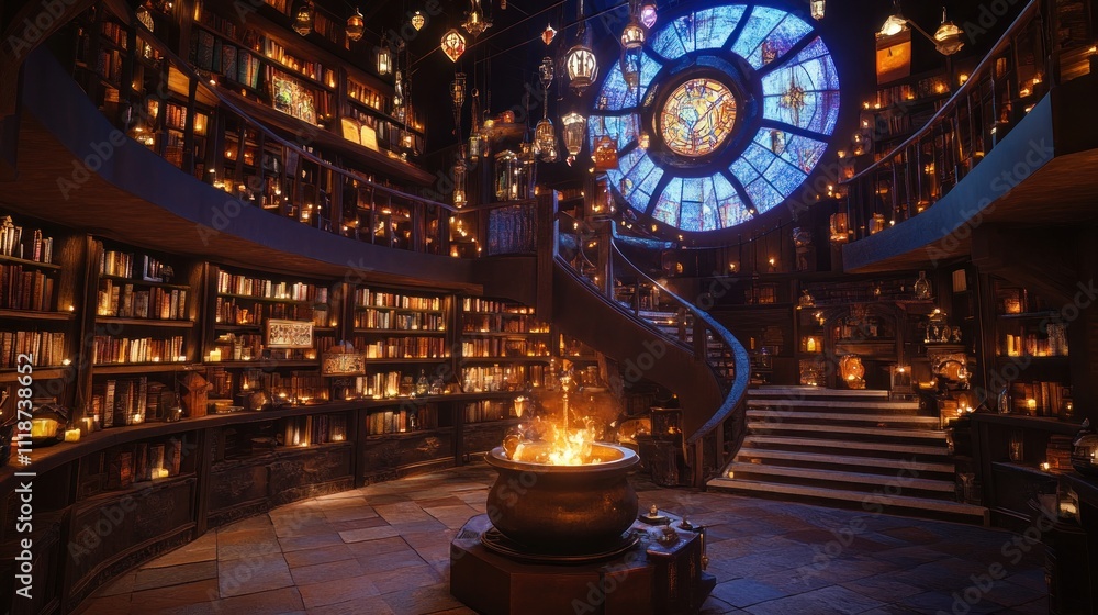Obraz premium Enchanting library with spiral staircase, bookshelves, and stained-glass window.