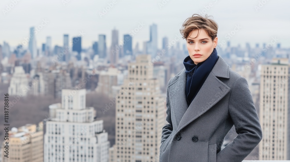 Fashion photoshoot features model in stardust-gray coat and navy scarf against an urban skyline backdrop Fashion photoshoot features model in stardust-gray coat and navy scarf against an urban skyline backdrop