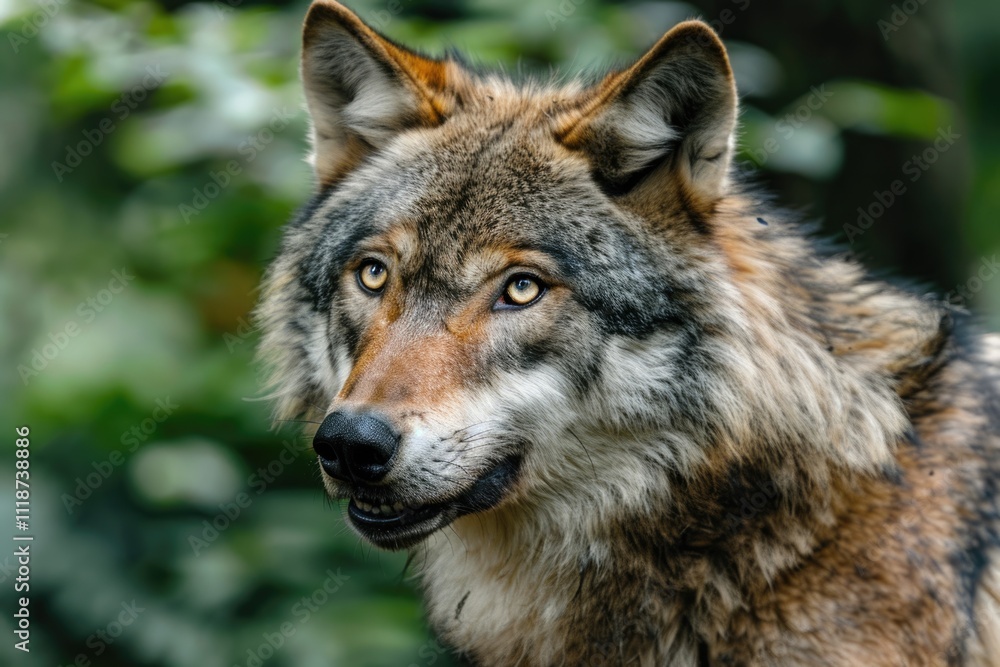 Obraz premium Close up portrait of aggressive grey wolf in Canadian forest.