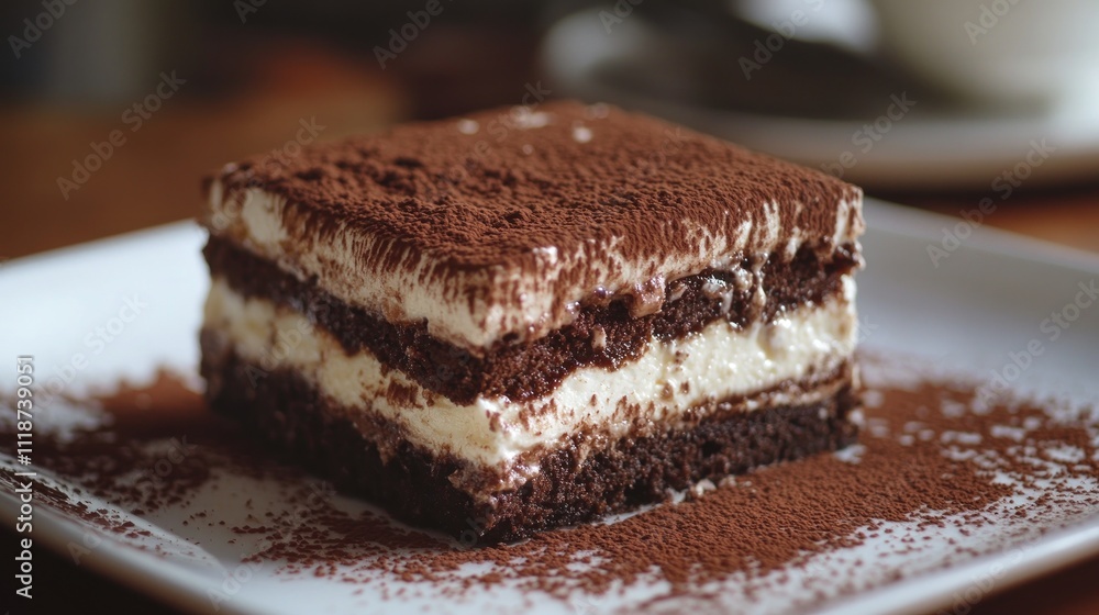 A delicious slice of tiramisu dessert, layered with coffee-soaked cake and creamy filling. A delicious slice of tiramisu dessert, layered with coffee-soaked cake and creamy filling.