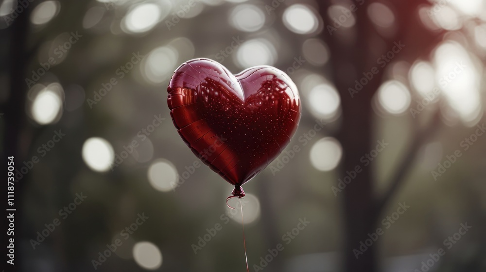 Red heart-shaped balloon floats in a park. Red heart-shaped balloon floats in a park.
