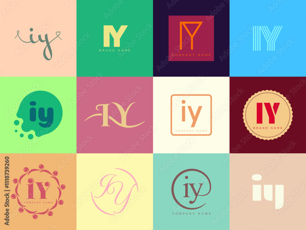 IY logo company template. Letter i and y logotype. Set different classic serif lettering and modern bold text with design elements. Initial font typography.