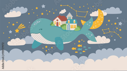Fantasy blue whale with small town  flying in the stellar sky for nursery wall. Wallpaper vector illustration for kids room interior