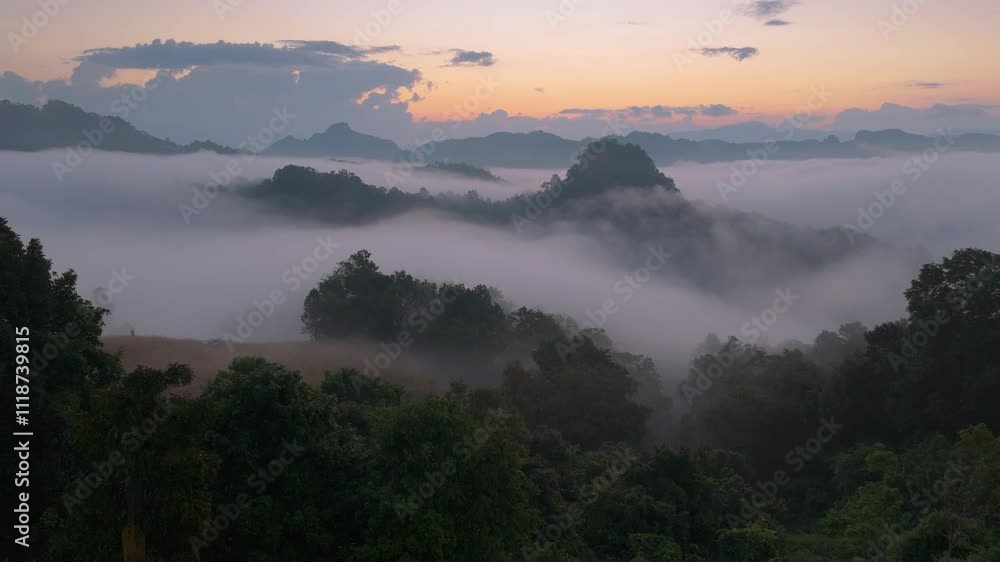 Aerial view of the beautiful morning mist over the mountains at Ban Ja Bo Village in Pang Ma Pha District, Mae Hong Son, Thailand Aerial view of the beautiful morning mist over the mountains at Ban Ja Bo Village in Pang Ma Pha District, Mae Hong Son, Thailand