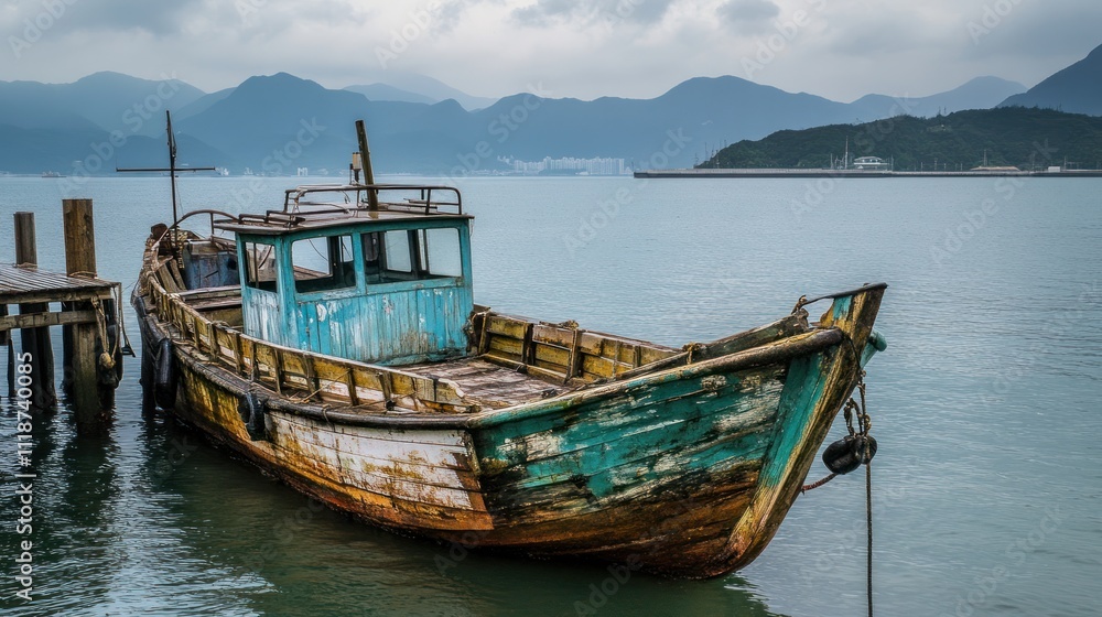 Old weathered fishing boat moored at a wooden dock, tranquil sea, mountains in background. Old weathered fishing boat moored at a wooden dock, tranquil sea, mountains in background.