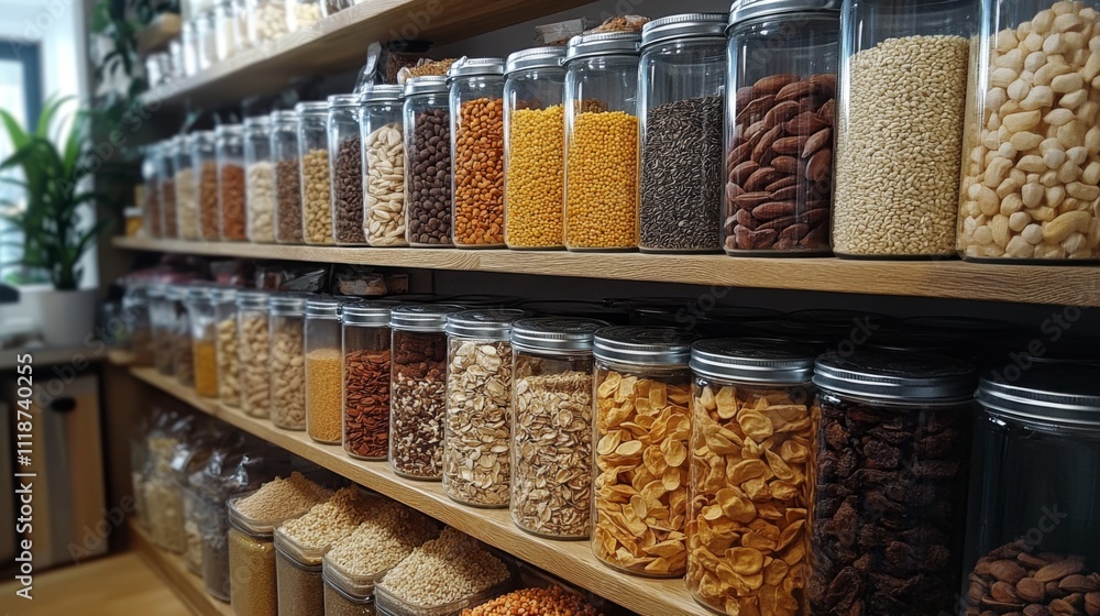 A charming display showcases various jars filled with grains, nuts, and dried fruits on wooden shelves. The warm tones and organization create an inviting atmosphere for shoppers. A charming display showcases various jars filled with grains, nuts, and dried fruits on wooden shelves. The warm tones and organization create an inviting atmosphere for shoppers.