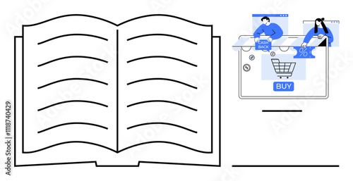 Open book with blank pages next to an online shopping interface featuring a shopping cart, cashback, and discount icons. Ideal for e-commerce, education, shopping, discounts, promotions, reading