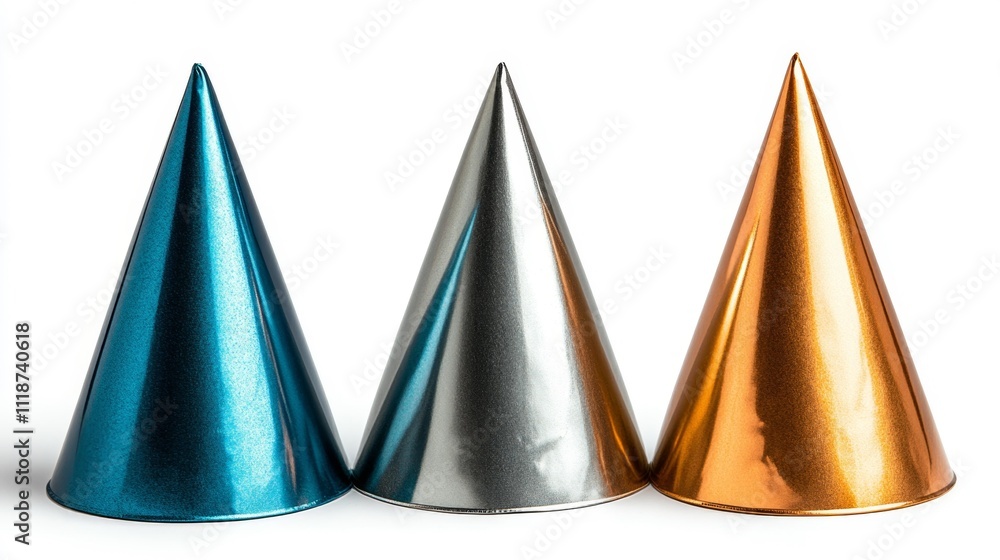 Party hats in metallic gold and silver isolated on white background. Generative AI Party hats in metallic gold and silver isolated on white background. Generative AI