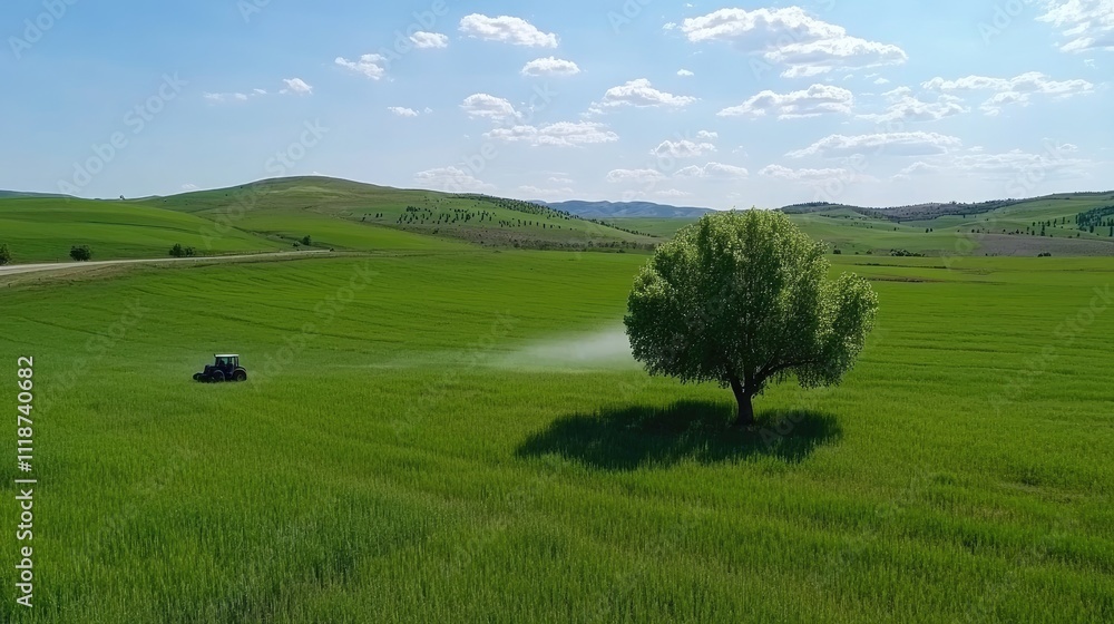 Naklejka premium A tractor is actively spraying ranch chemicals on lush green grass, with a winding river and distant homes visible in the background