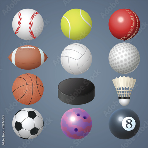 Beautiful vector illustration compilation of sports balls. Baseball football basketball soccer tennis volleyball hockey bowling cricket golf badminton pool. Flat colors neutral background