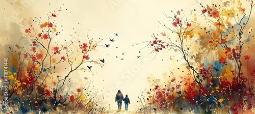 Handdrawn floral frame surrounds a praying family with delicate lines and leaves creating a tranquil and intimate design leaving space for personalized messages