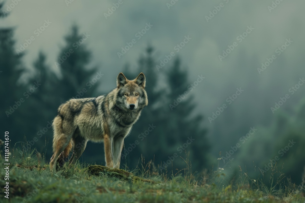 Naklejka premium wolf One wolf standing on green hillock and look at photograph. wolf