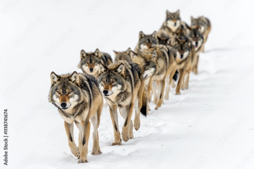 pack of wolves canis lupus isolated on snow on a white background pack of wolves canis lupus isolated on snow on a white background
