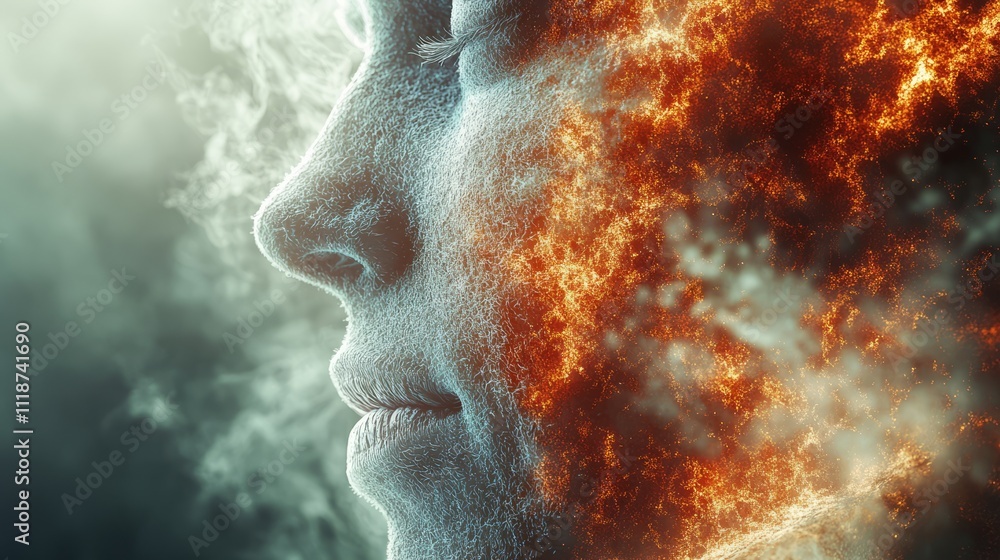A striking profile emerges from swirling smoke and fiery embers, expressing duality in emotion A striking profile emerges from swirling smoke and fiery embers, expressing duality in emotion