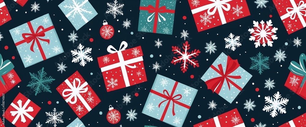 Fototapeta premium Festive pattern of red and blue gift boxes and snowflakes on a dark background.