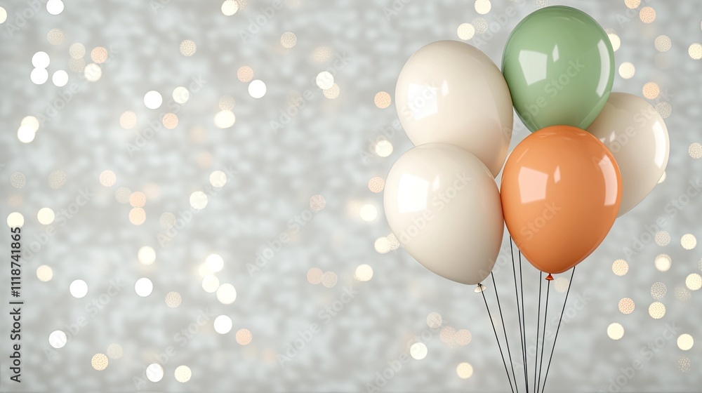 Bright balloons in orange, white, and green float in the air amidst colorful confetti. The blurred background provides a perfect setting for party decorations and celebrations Bright balloons in orange, white, and green float in the air amidst colorful confetti. The blurred background provides a perfect setting for party decorations and celebrations