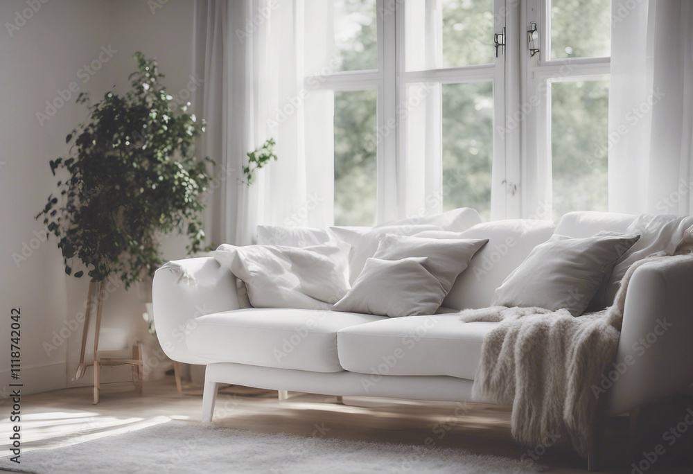 Cozy white sofa against window Scandinavian style home interior design of modern living room Cozy white sofa against window Scandinavian style home interior design of modern living room