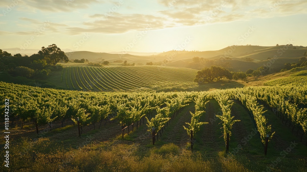 Naklejka premium Serene sunrise over rolling vineyard hills.