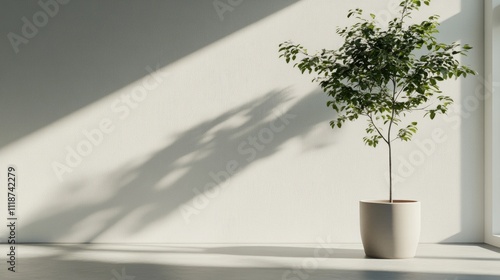 A potted tree stands alone in a bright white room, casting intricate shadows on the wall. The minimalist design highlights the simplicity of nature within modern architecture photo