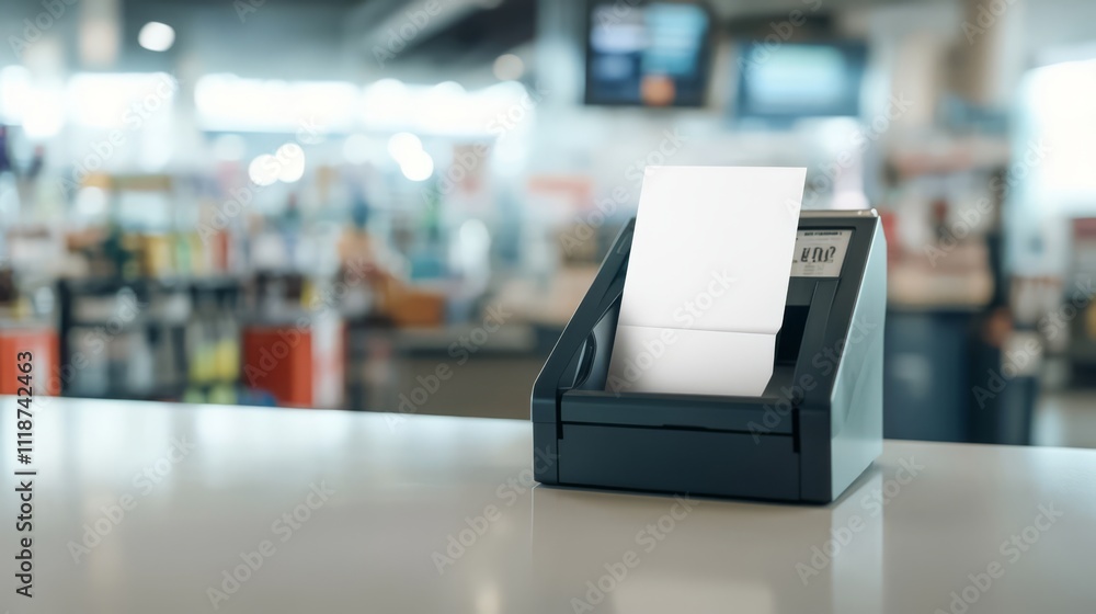 Blank receipt paper in a receipt printer on a counter. Blank receipt paper in a receipt printer on a counter.