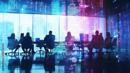 Silhouetted business team meeting, futuristic city backdrop.