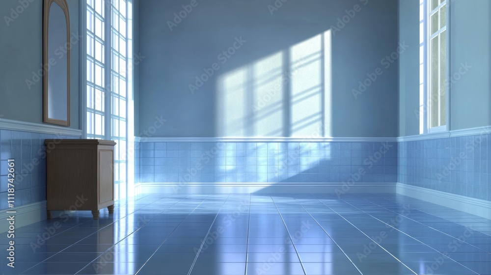 Fototapeta premium Sunlit room with blue tiled walls, wooden cabinet, and mirror.