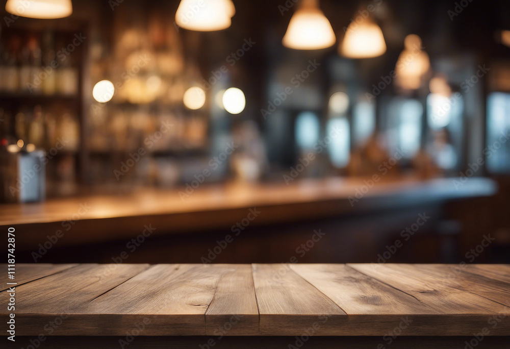 Empty wooden table rustic and blurred background of bar or pub For product display High quality phot Empty wooden table rustic and blurred background of bar or pub For product display High quality phot