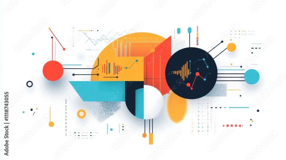 Obraz premium Abstract graphic design featuring shapes, lines, and data visualizations.