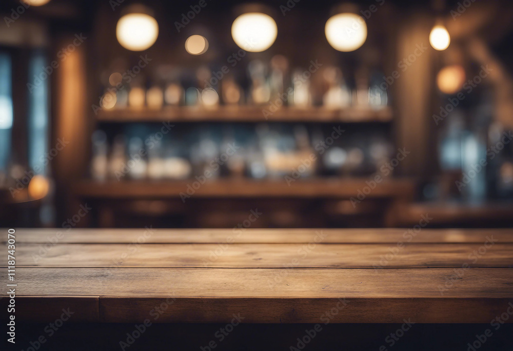 Empty wooden table rustic and blurred background of bar or pub For product display High quality phot Empty wooden table rustic and blurred background of bar or pub For product display High quality phot