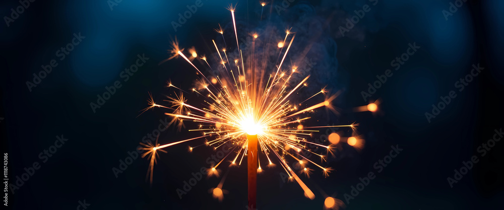 A sparkler ignited on a stick, radiating bright sparks and light in a darkened setting, generative ai A sparkler ignited on a stick, radiating bright sparks and light in a darkened setting, generative ai