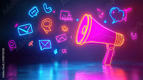 A vibrant neon megaphone with colorful social media icons, symbolizing communication and digital marketing. photo