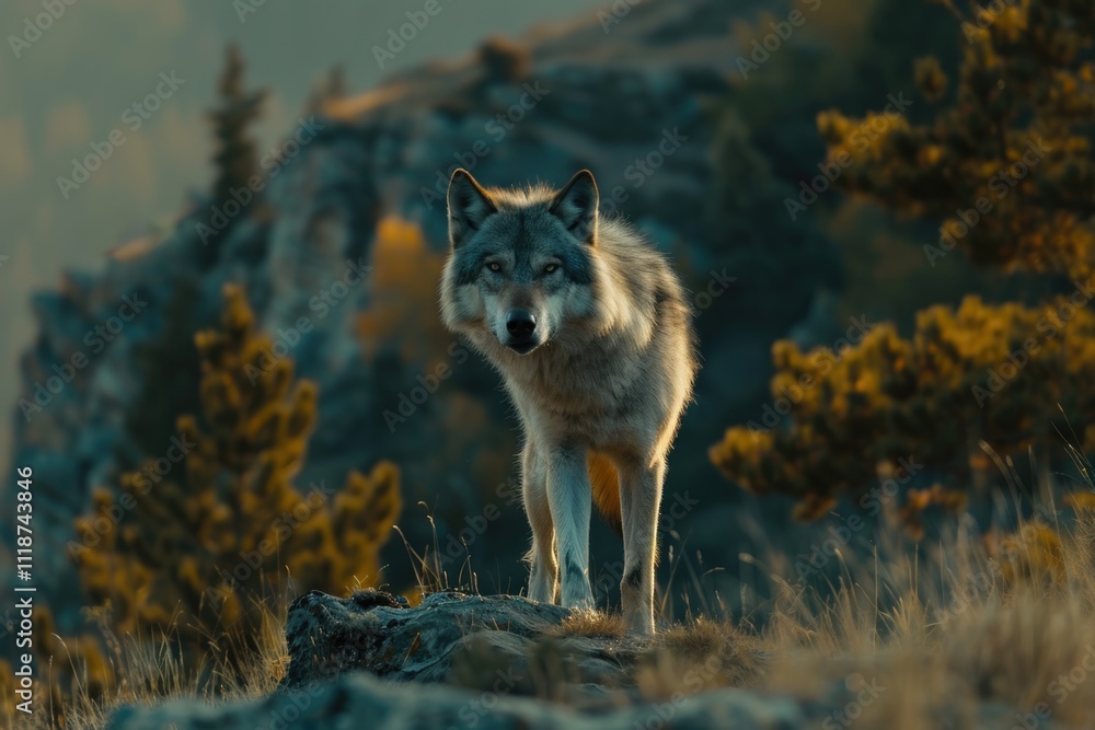 Fototapeta premium Timber wolf hunting in mountain wolf wolf