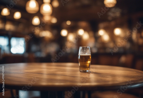 Wooden round table and pub or bar blur background