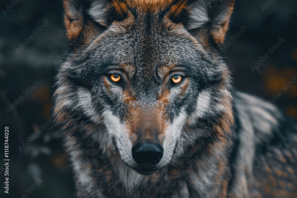 Fototapeta premium Close up portrait of menacing timber wolf with yellow eyes.