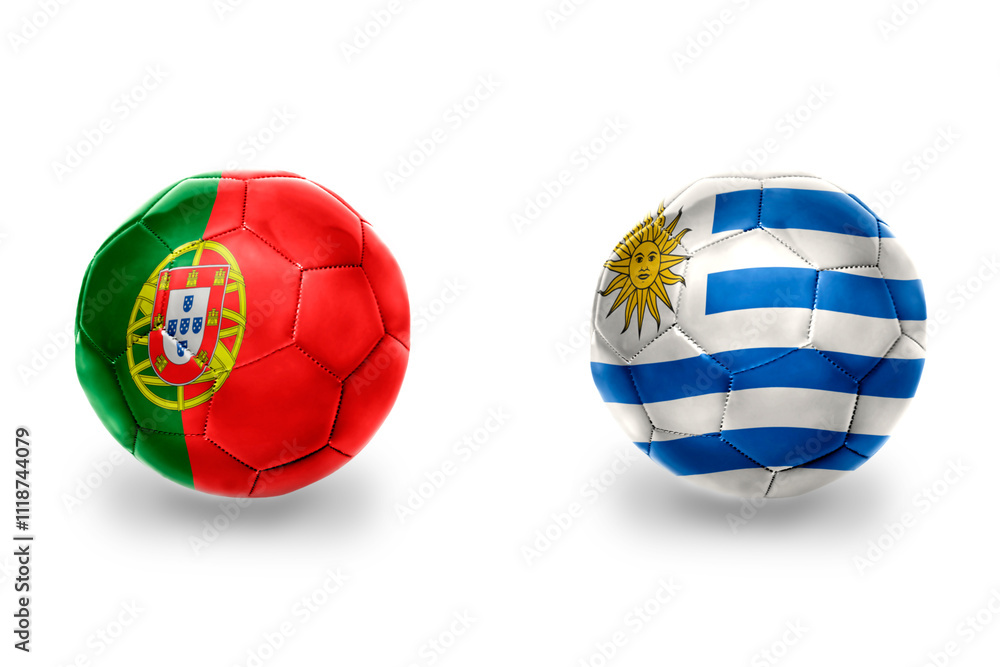 Obraz premium football balls with national flags of portugal and uruguay ,soccer teams. on the white background.