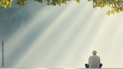 A person sitting peacefully in a lush green forest, surrounded by trees and sunlight filtering through the leaves